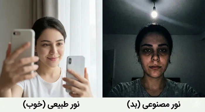 آموزش سلفی گرفتن با گوشی موبایل به سبک حرفه ای ها 2 مقایسه تاثیر نور طبیعی پنجره و نور مصنوعی سقفی در کیفیت عکس سلفی با گوشی