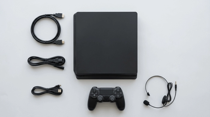 محتویات جعبه ps4 slim شامل کنسول، دسته، کابل HDMI و کابل برق