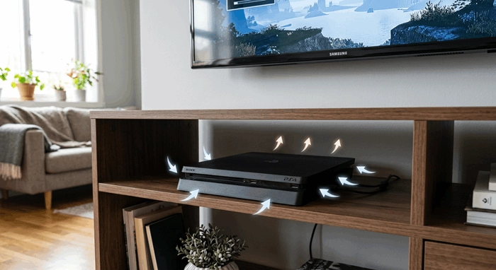 محل قرارگیری مناسب ps4 slim روی میز تلویزیون با فضای کافی برای تهویه