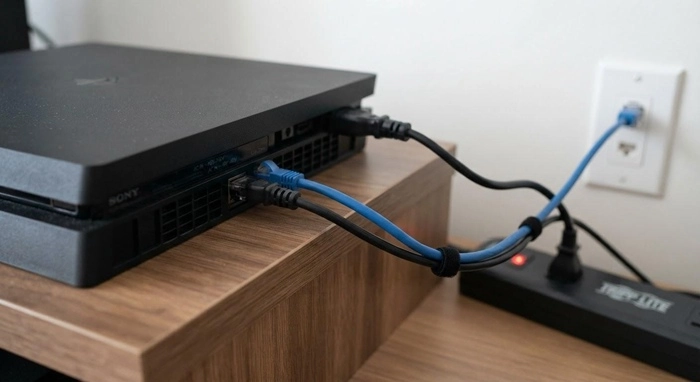 اتصال کابل برق و کابل شبکه به پشت ps4 slim