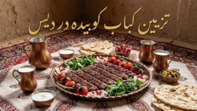 33 عکس تزیین کباب کوبیده در دیس گرد و بیضی 3 عکس تزیین کباب کوبیده در دیس