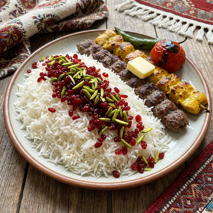 تزیین چلو کباب مجلسی با زرشک و پسته