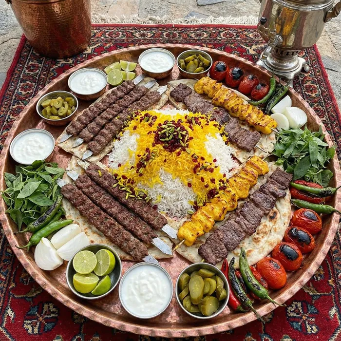 چیدمان دیس چلو کباب کوبیده برای مهمانی در ظروف مسی