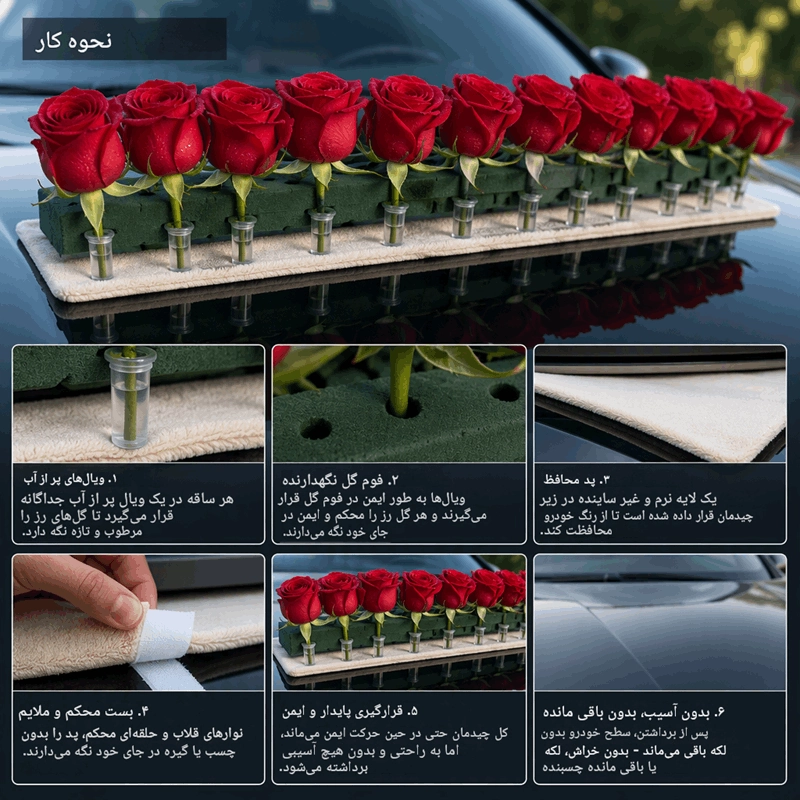 مدل تزیین ماشین عروس با گل رز قرمز 7 روش نصب گل رز قرمز روی کاپوت با فیال آب و پایه فوم بدون آسیب به رنگ بدنه