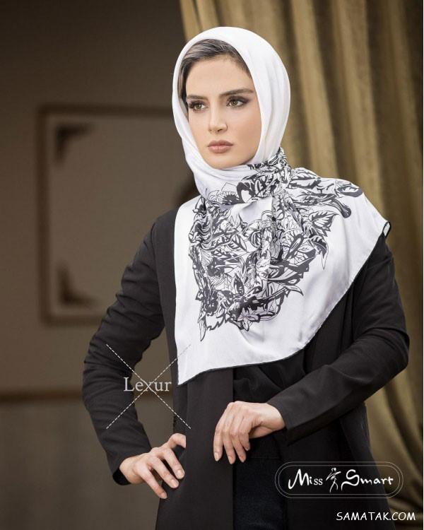 50 مدل روسری نخی سفید مشکی مجلسی راه راه و ساده