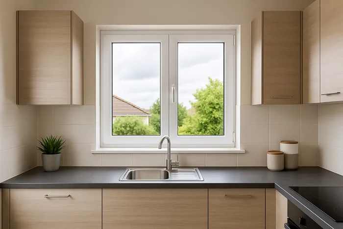 گزارش جامع محاسبه قیمت درب و پنجره UPVC در سال ۱۴۰۴ بر اساس دادههای واقعی بازار 3 A kitchen with a window Description automatically generated