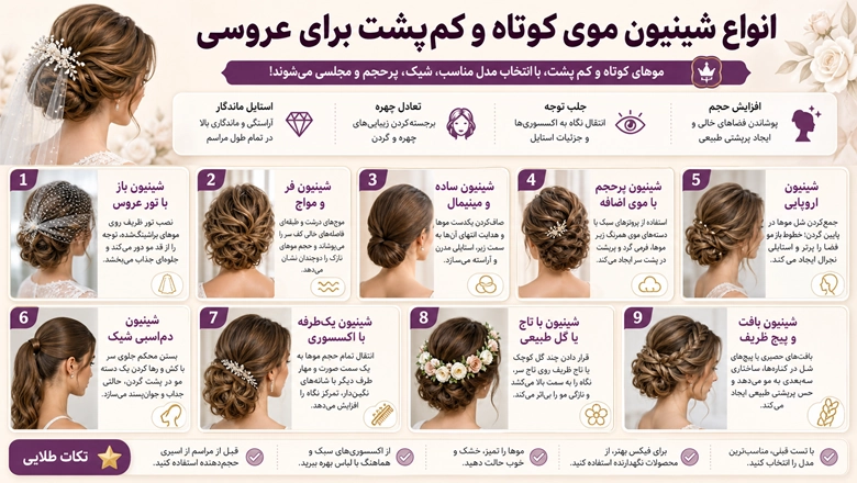 انواع شینیون موی کوتاه و کم پشت برای عروسی