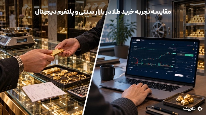 فناوری خرید طلا آنلاین چگونه سرمایهگذاری در طلا را متحول کرد؟ 5 مقایسه خرید حضوری طلا در بازار سنتی با خرید آنلاین از پلتفرم هوشمند طلا