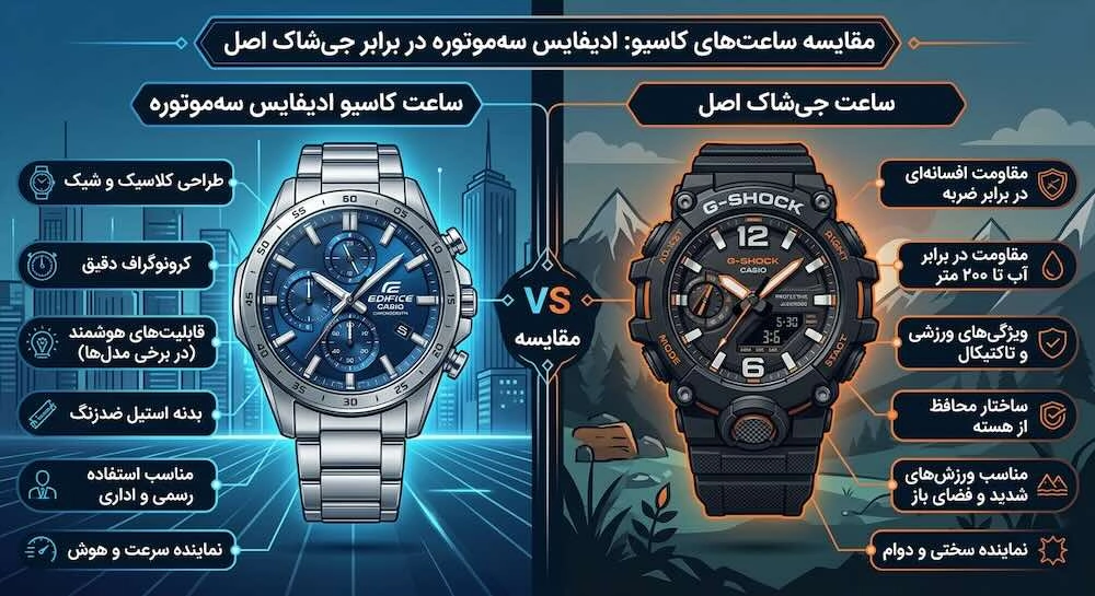 در این تصویر ویژگی های ساعت های جی شاک اصل و ساعت ادیفایس را مشاهده می‌کنید